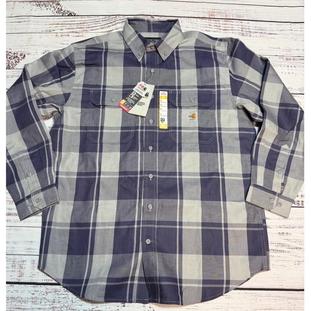 Carhartt FR Shirt Large Loose Fit Force Rugged Flex Plaid Blue Grey NWT